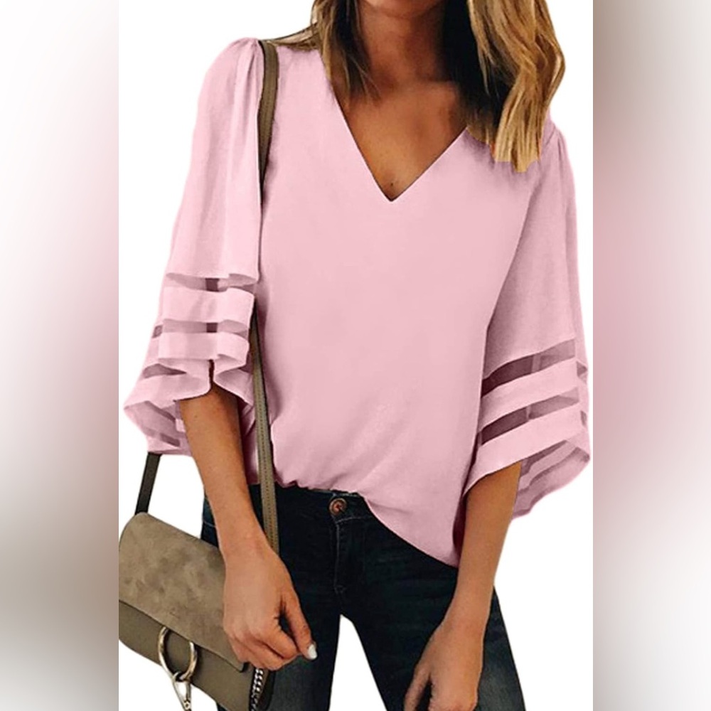 NEW Pink 3/4 Bell Sleeve V Neck Blouse Casual Loose Shirt Top L